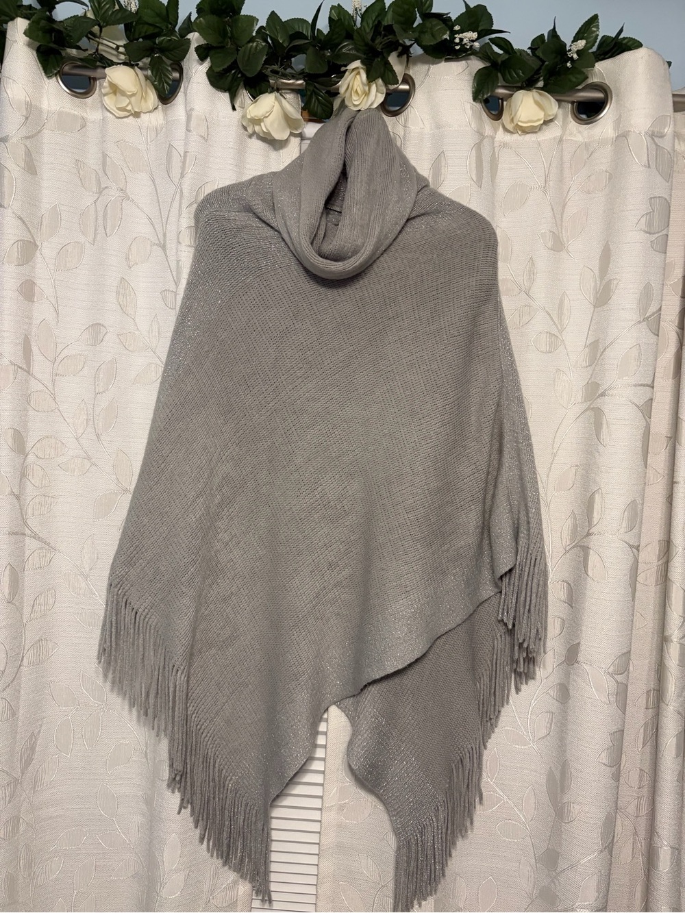 Cozy Gray Fringe Turtleneck Poncho Sweater